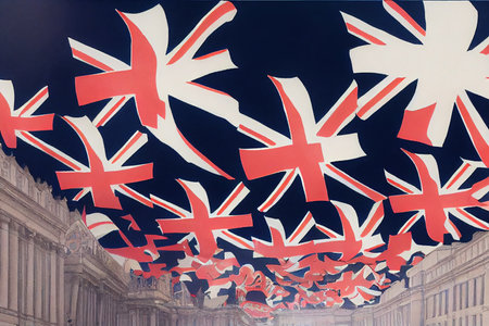 cartoon drawing Looking up The Mall towards Admiralty Arch during preparations for the Queens Platinum Jubilee celebrations lined with Union Jack flags in , Anime style U1 1の素材