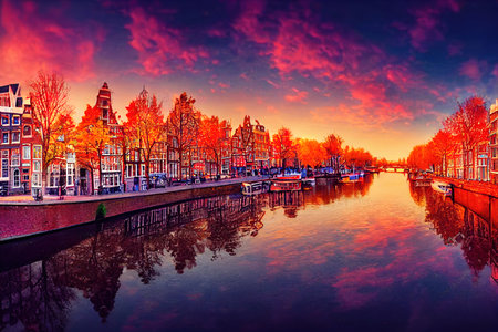 Cartoon style Panoramic autumn view of Amsterdam city Famous Dutch channels and great cityscape Colorful morning scene of Netherlands Europe Traveling concept background , Anime style U1 1の素材