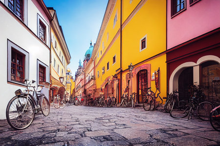 cartoon style, VIENNA AUSTRIA SEPTEMBER 27 2018 Bicycles on narrow street and typical historic buildings in old city of Vienna capital and largest city of Austria famous and popular tourist destina.の素材