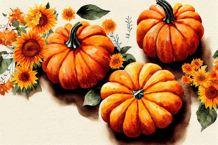 Watercolor orange pumpkin autumn background with sunflower bouquet,Autumn arrangement,Farmhouseの素材