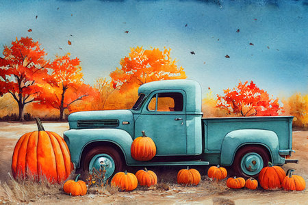 Vintage watercolor turquoise truck. Autumn farm illustration of old retro car with pumpkinsの素材