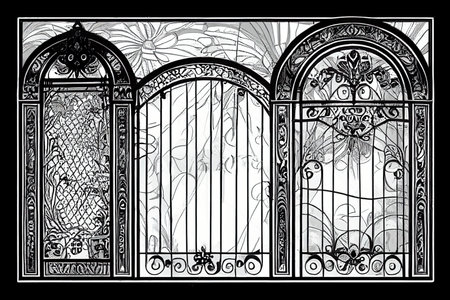 Vintage forged gate with floral ornament. Isolated object. Hand drawnの素材