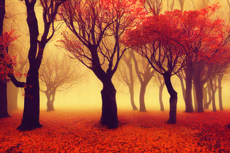 Fairy tree in fog. Old magical tree with big branchesの素材