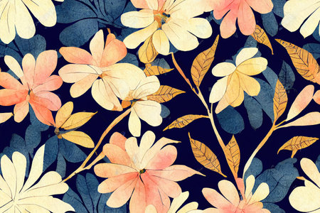 Colorful seamless floral pattern with abstract flowers, leaves and berriesの素材
