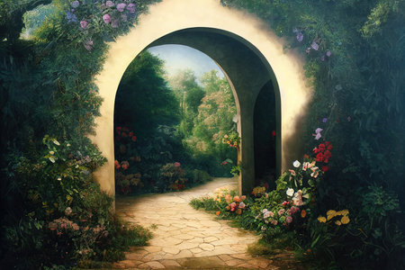 Archway in an enchanted garden abstract, natural compositionの素材