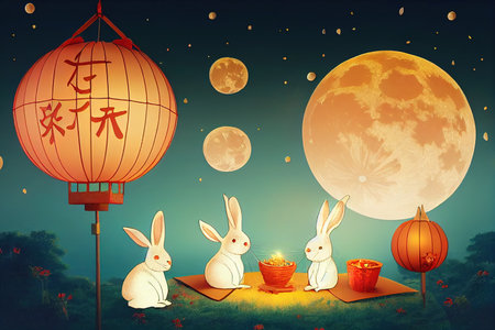 3d creative Mid Autumn Festival greeting card. Cute rabbitsの素材
