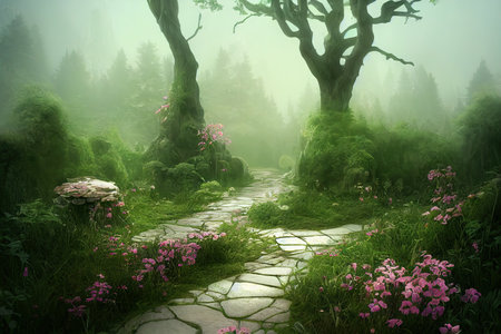 3d illustration of a fairy or elven background. Featuring a misty forestの素材
