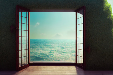 3D render of a beautiful sea view through a gateの素材