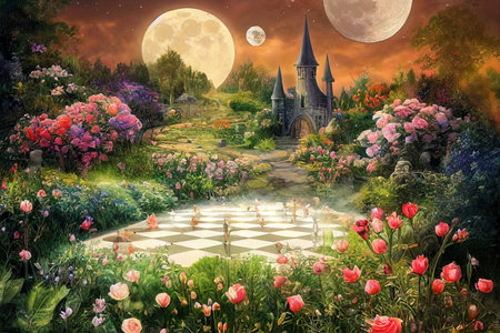Beautiful summer landscape of wonderland.Fantastic mystical garden with rosesの素材