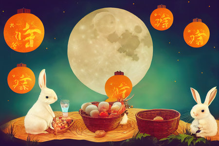 Mid Autumn Festival banner. Moon rabbits picnicking outdoor, eatingの素材