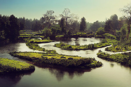 lush vegetetation musk in river water and garden withの素材