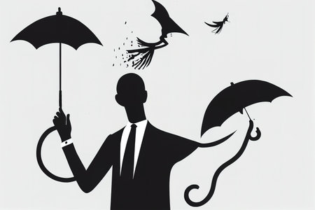 Illustration of man trying to fly with umbrella, surrealの素材