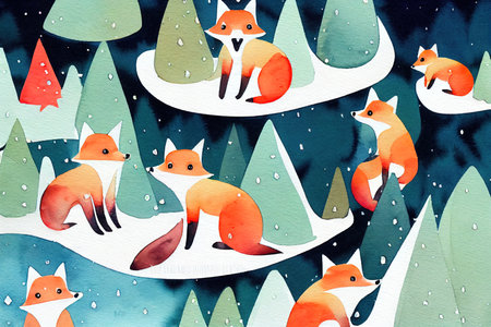 Cute foxes in the winter forest. Childish watercolor illustrationの素材