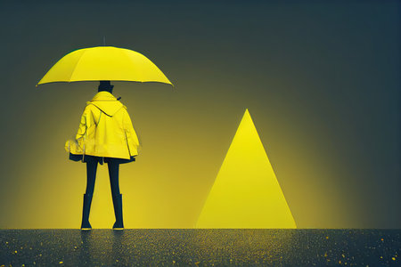 rainy autumn. umbrella and rubber boots on yellow colorの素材
