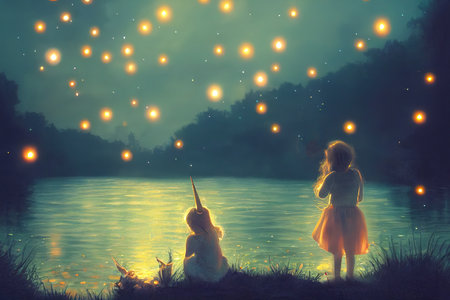 a girl and a unicorn watching fireflies at aの素材