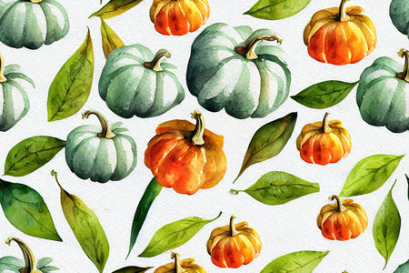 Seamless watercolor pattern with green, white pumpkins and autumnの素材