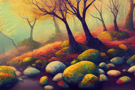 Stones Covered with Colorful Moss in the Autumn Mountainの素材