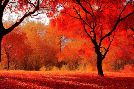 Amazing bright red autumn landscape, idyllic and peaceful wildの素材