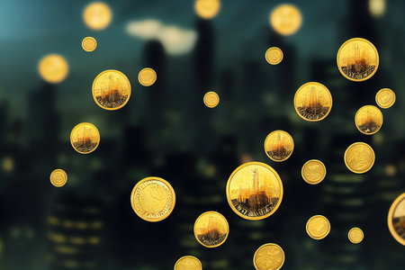 anime style, Coins stack with city in background Savingsの素材