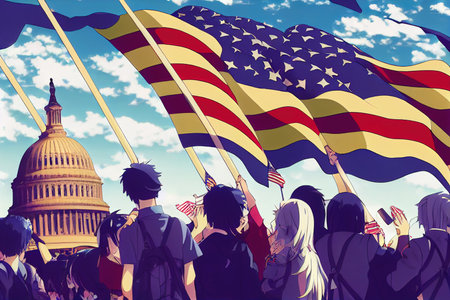 anime style, American flag waving with the US Capitolの素材