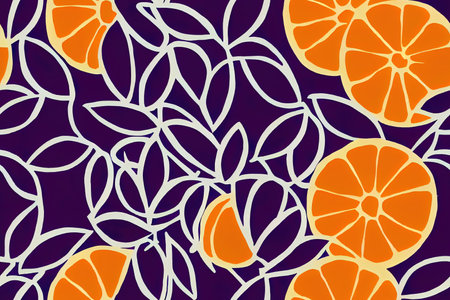 Hand drawn seamless pattern with oranges and purple leavesの素材