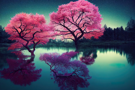 Pink tree and pond in the forest at night.の素材