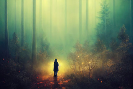 Beautiful forest at night with a sweet bear andの素材