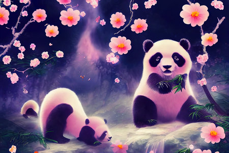 A fantasy japan panda with flowers and a beautifulの素材