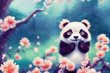 A fantasy japan panda with flowers and a beautifulの素材