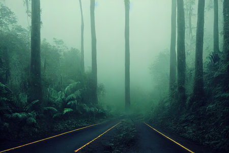 Dirt road in the fog and rain tropical forestの素材