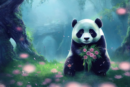 A fantasy panda with flowers and a beautiful magicalの素材