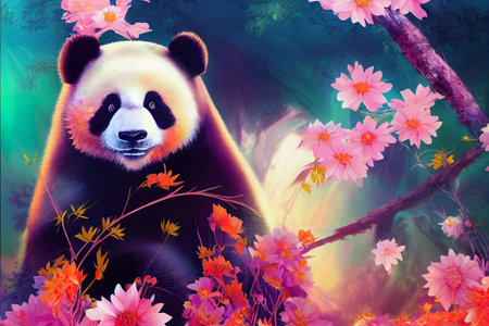 A fantasy Japanese panda in the midst of colorfulの素材