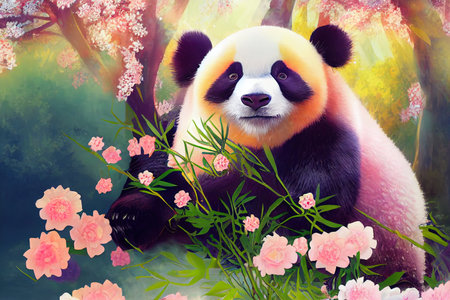 A fantasy Japanese panda in the midst of colorfulの素材