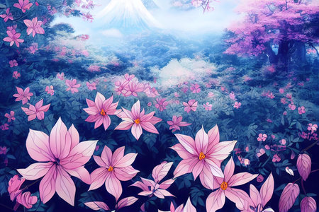A fantasy japan kitty with flowers and a beautifulの素材