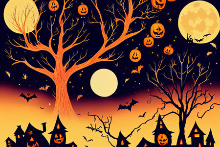 Halloween design. Festive background with autumn valley with woods,の素材