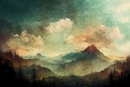 Summer Landscape Mountain Forest Sky Woods Flat 2d Illustrationの素材