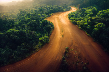 Aerial top view rural road in the forest, dirtの素材