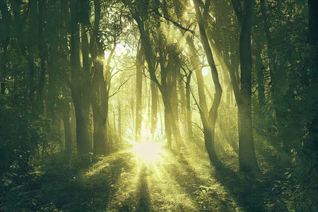 Sunshine forest trees. Peaceful outdoor scene - wild woodsの素材