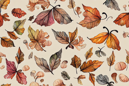 Seamless autumn pattern with watercolor moths, leaves and mushroomsの素材