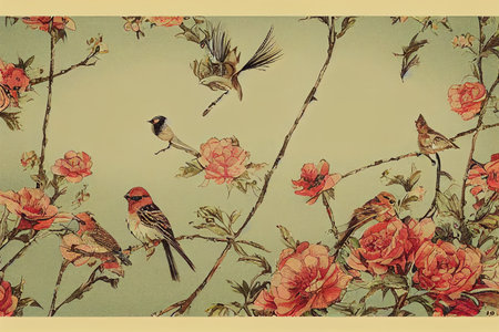 vintage wallpaper design, long twigs and sparrow background, retroの素材