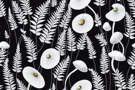 Vintage woodland nature seamless pattern. Amanita mushroom, fern, forestの素材