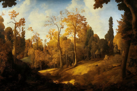 Forest panorama in autumn with bright sunの素材