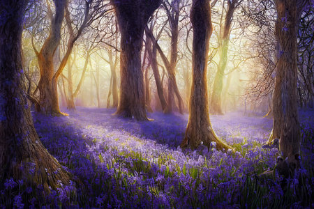 Bluebell woods with birds flocking through the trees duing