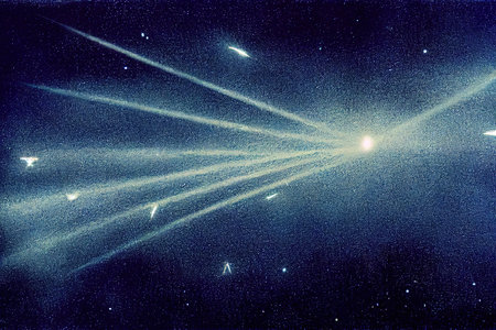 Blue meteor shower falls down with particles, converging intoの素材