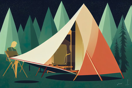 Camping tent in pine forest linear illustration onの素材