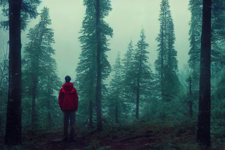 Portrait of a male hiker in a red jacketの素材