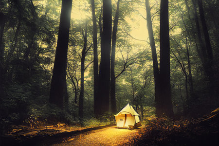 Travel trailer camping in the woods at starved rockの素材