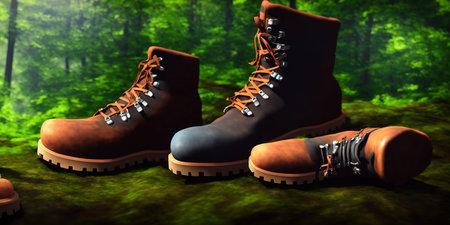 Hiking equipment in forest. Backpack and leather ankle boots. Panoramic view with copy spaceの素材