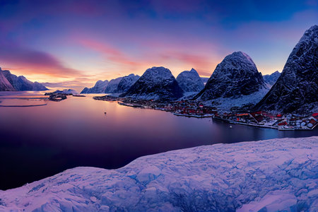 Frozen Torsfjorden fjord. Panoramic winter view of Fredvang village,の素材
