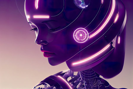 Woman cyborg or robot with AI knelt down onの素材